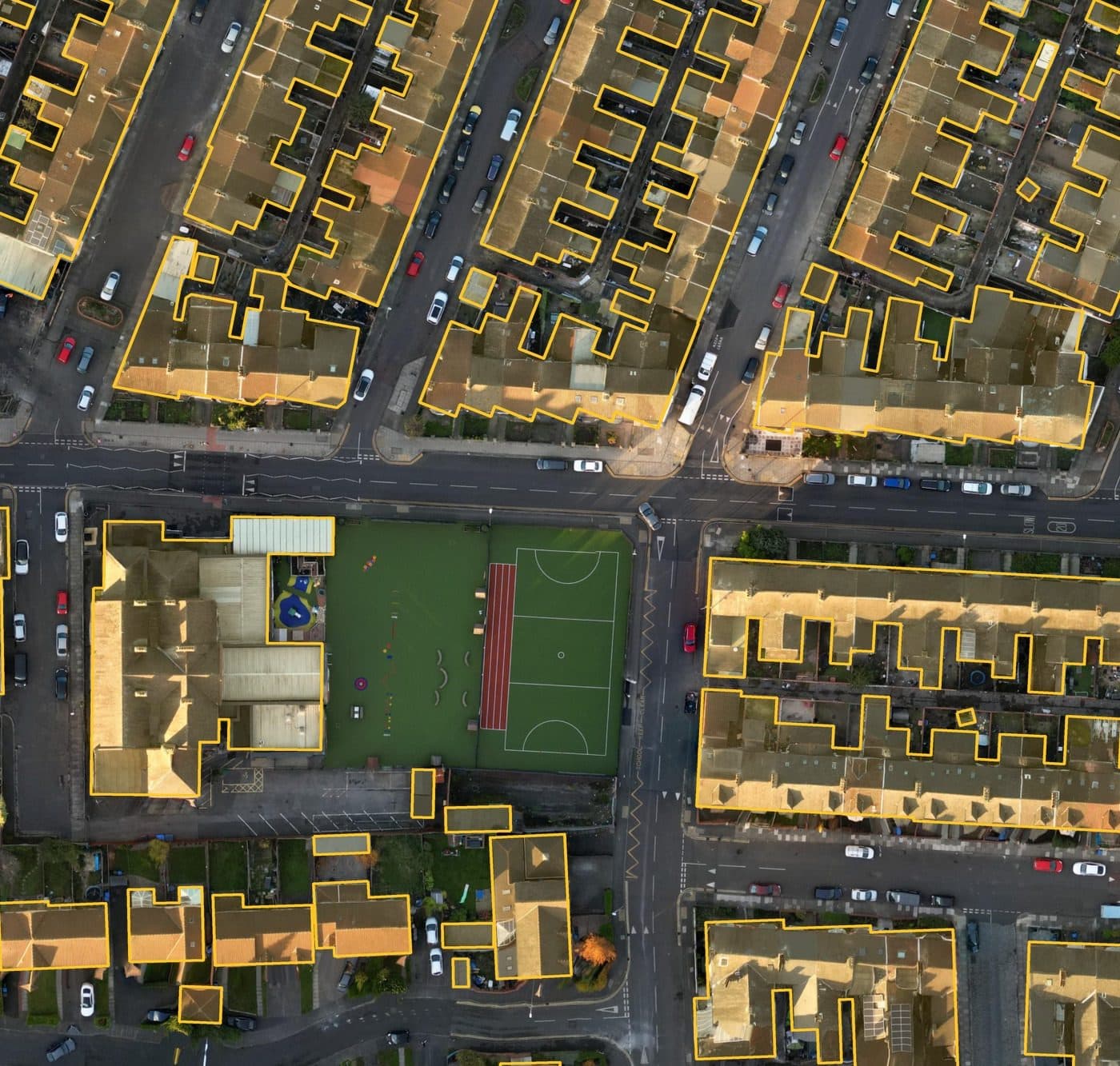 Aerial photo of Victorian terraced streets with rear extensions, each terrace row outlined in amber.