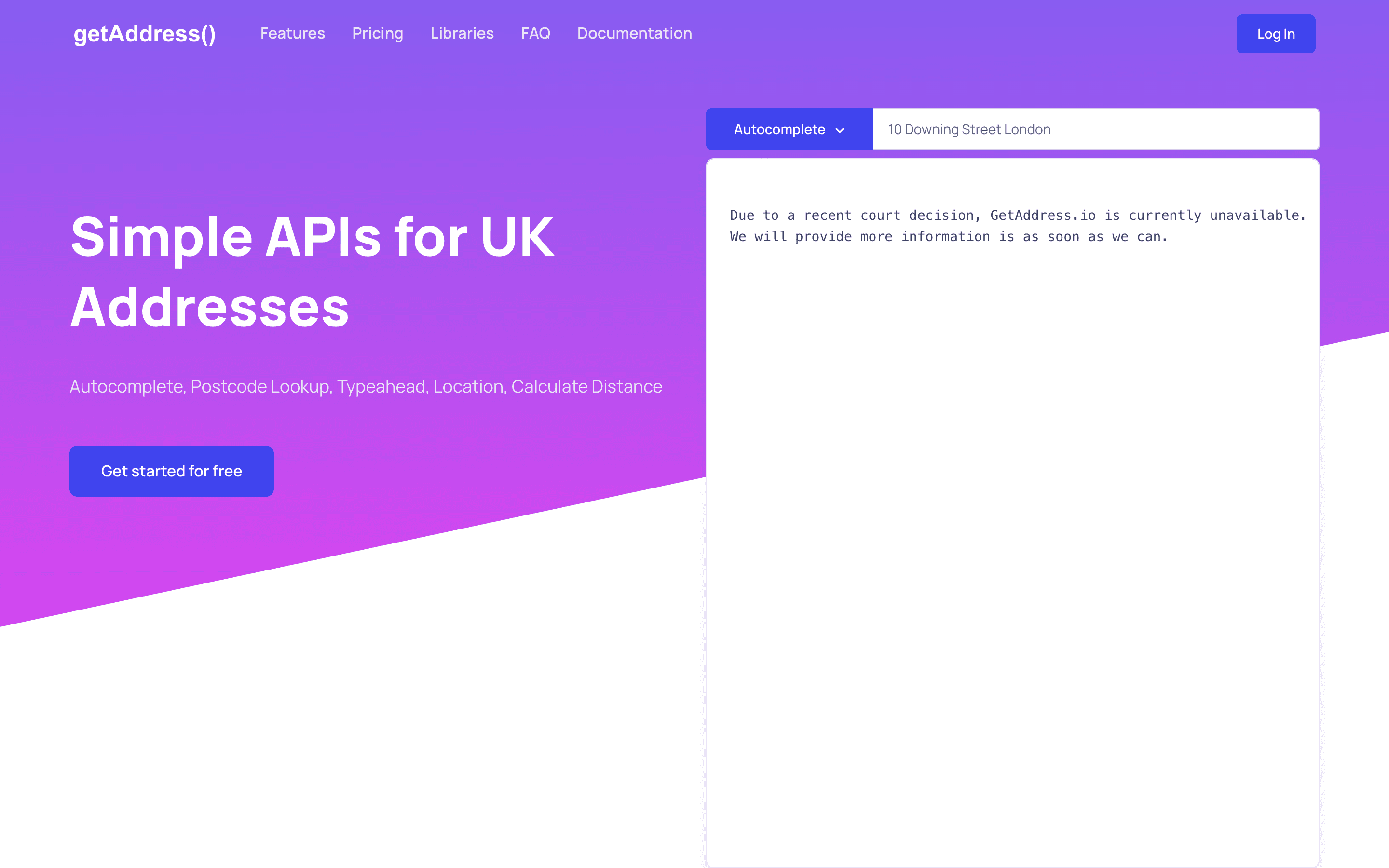 GetAddress UK address lookup API website screenshot